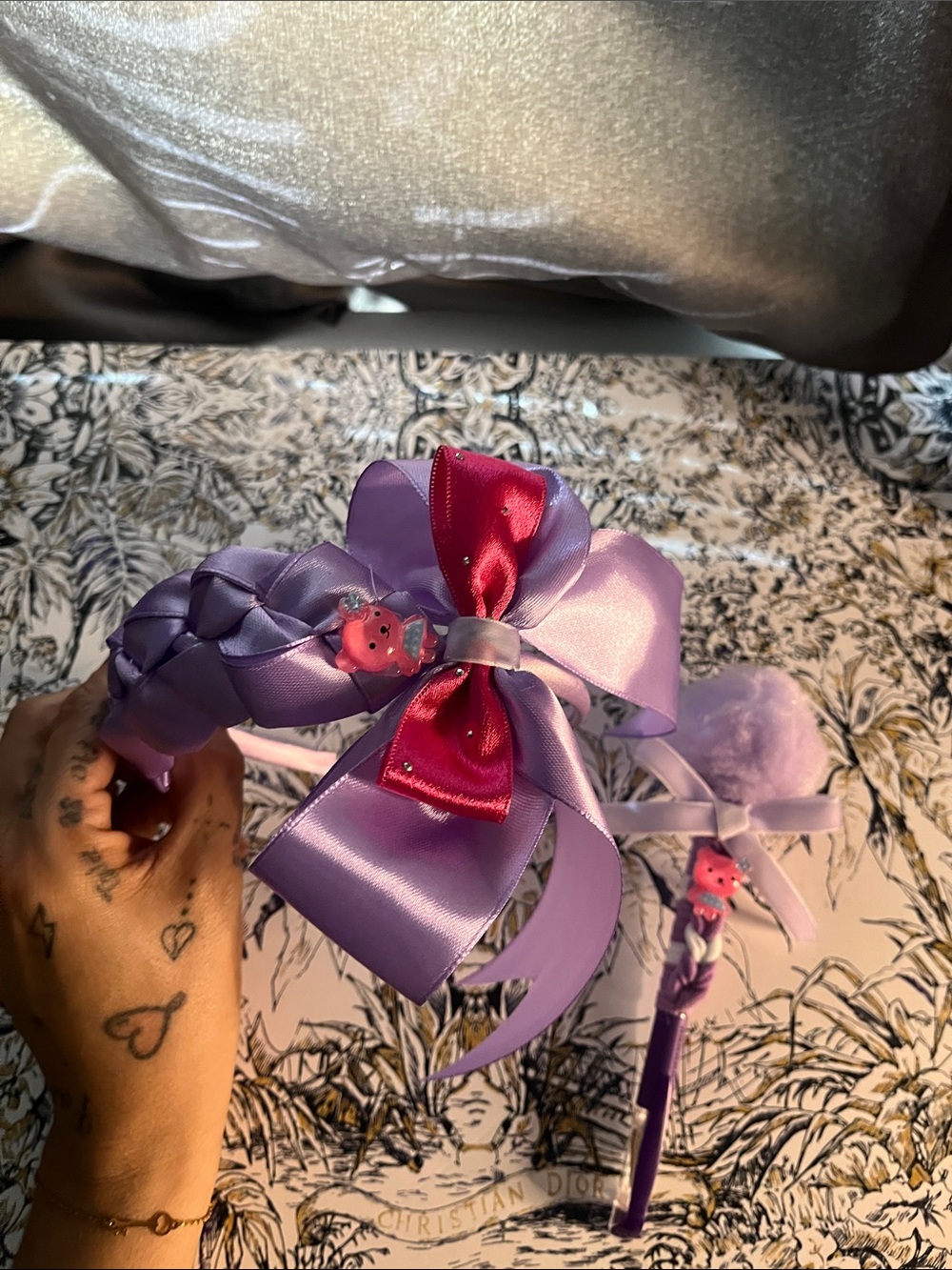 Handmade Lavender Satin Braided Headband with Pink Bow Pom Dress Pom pen